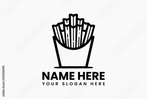 Bold black French fries silhouette in stylized container with minimalist shadow vector art. Fast casual branding  