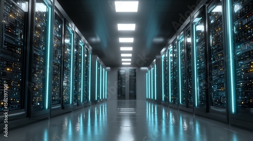 A modern server room with long symmetrical rows, high-tech racks, and advanced IT infrastructure, perfect for futuristic tech visuals.