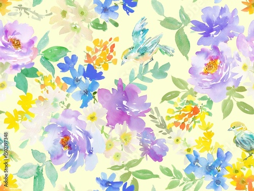 Fototapeta Naklejka Na Ścianę i Meble -  Seamless pattern of abstract purple peonies, birds and wild flowers painted in watercolor. Floral wallpaper pattern in watercolor. Hand painted botanical pattern for wedding invitations