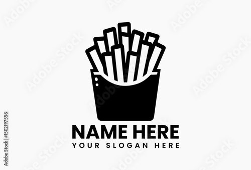 Bold black French fries silhouette in stylized container with minimalist shadow vector art. Fast casual branding  