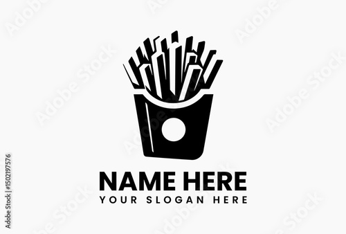 Bold black French fries silhouette in stylized container with minimalist shadow vector art. Fast casual branding  
