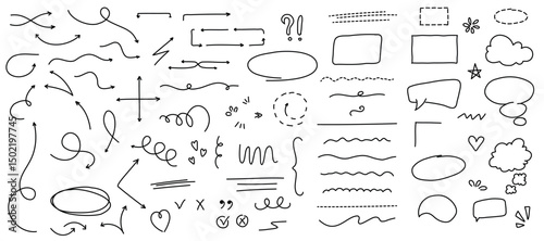 Set of doodle hand drawn design elements collection with arrows, speech bubbles, stars, and hearts for creative planner projects