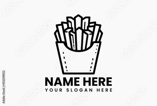 Bold black French fries silhouette in stylized container with minimalist shadow vector art. Fast casual branding  