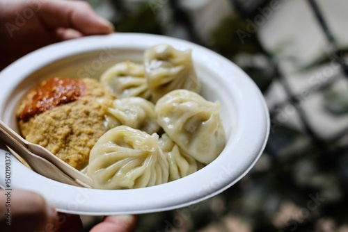 A plate of steamed chicken momos held in a man’s hands, served with spicy chutney, wooden fork and knife at a Nepalese street food stall in Little India - Harris Park, Sydney, Australia 