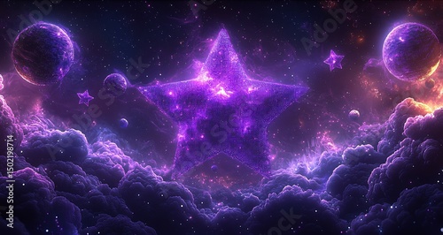 Cyberspace Coded With Violet Stars and High Tech Spheres Swirling Over Digital Clouds As Textured Storm Patterns and Virtual Planets Orbit In Dramatic Style
