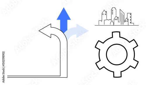 Curving arrow with split directions, upward blue arrow, outlined gear, and cityscape. Ideal for urban planning, decision-making, innovation, process optimization, growth strategy industry planning