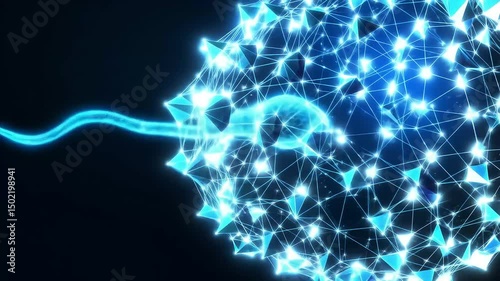Ultra-high-definition neon wireframe animation of spermatozoon swimming toward a luminous polygonal cell mesh in a scientific visualization for fertility research


