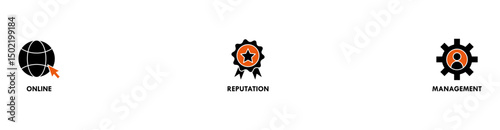 ORM banner web icon set vector illustration concept for online reputation management with icon of internet, browser, winner, trust, favorite, and business