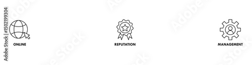 ORM banner web icon set vector illustration concept for online reputation management with icon of internet, browser, winner, trust, favorite, and business
