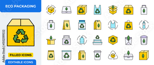 Eco Packaging & Recycling Icons Set: Sustainable Materials, Biodegradable, Reusable, Green Products, Renewable Resources. Filled Vector.