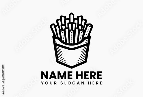 Simple black outline of French fries in paper container with subtle shading vector logo. Snack food emblem  