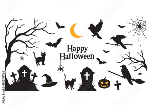 Spooky Halloween Silhouettes Bats, Crows, Cats, and More