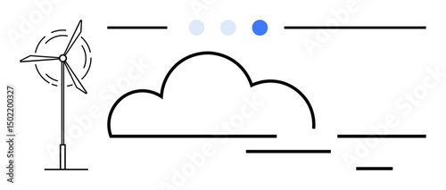 Wind turbine generating clean energy near cloud with minimalist design and lines. Ideal for sustainability, renewable energy, clean technology, environmental awareness, modern innovation, green