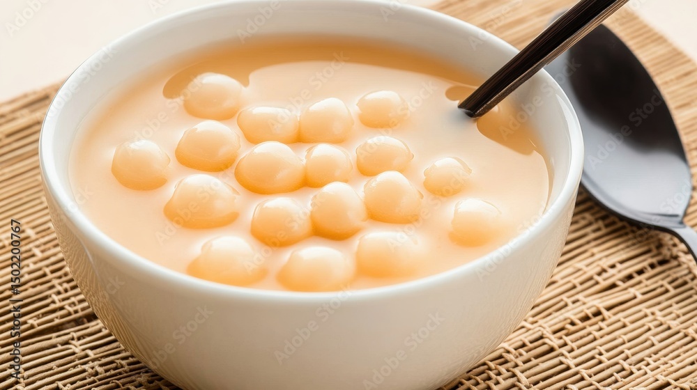 Sweet rice balls in a creamy broth, served in a simple white bowl. A spoon rests beside the bowl on a woven placemat. Sweet rice balls in a creamy broth, served in a simple white bowl. A spoon rests beside the bowl on a woven placemat.