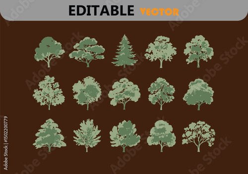 Collection of editable vector tree silhouettes for design projects