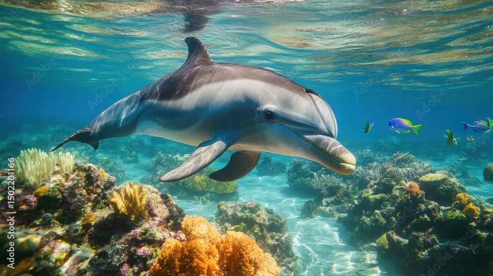 Fototapeta premium A playful dolphin gracefully swims in crystal-clear water, alongside coral reefs and tropical fish