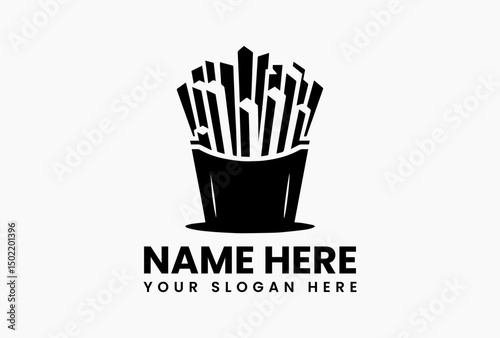 Minimalist black silhouette of crispy French fries in container with soft shadow vector logo. Fast food concept  