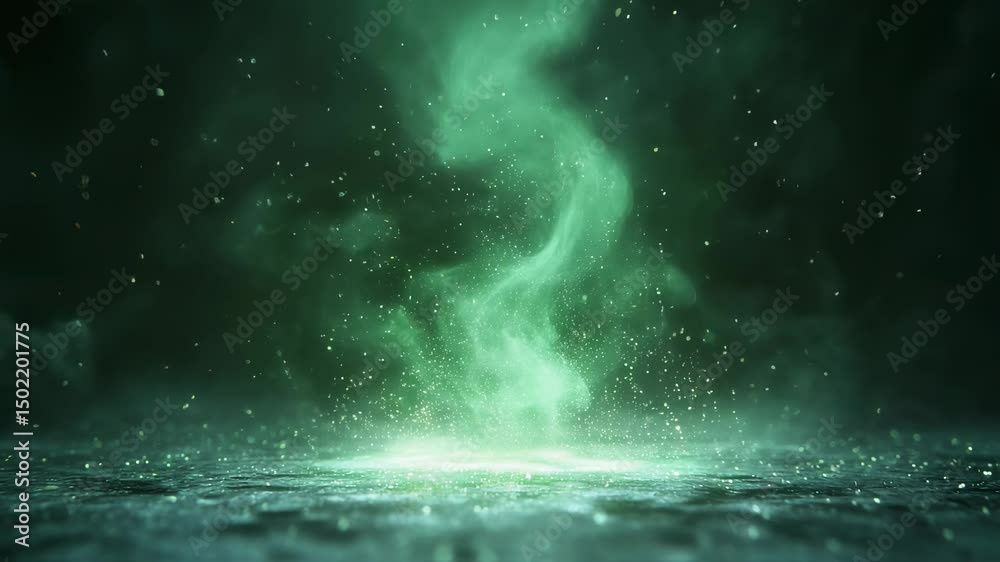 Emerald mist backdrop with shimmering particles and ethereal smoky effect