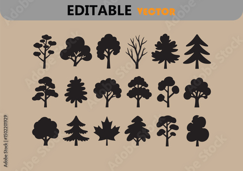Collection of simple black tree silhouettes vector icons for nature designs