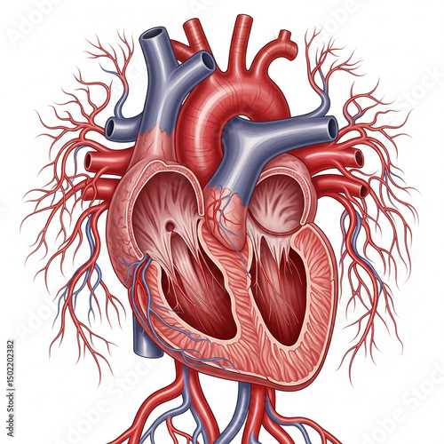 detailed anatomical illustration of a human heart with arteries and veins in red and blue tones