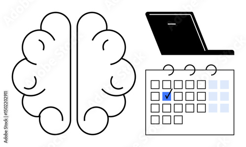 Brain icon, laptop, and calendar with checkmark symbolize productive planning, creativity, task management. Ideal for productivity, brainstorming, time management, organization digital tools