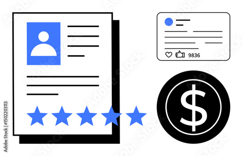 Resume with profile details and five stars, social media stats card, and dollar icon. Ideal for recruitment, performance review, influencer marketing, monetization, career growth, user feedback