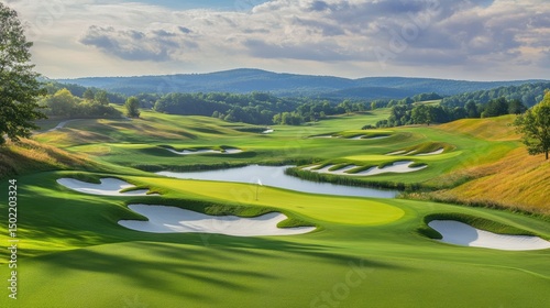 A panoramic view of a serene golf course amidst lush green hills, with a clear blue sky above