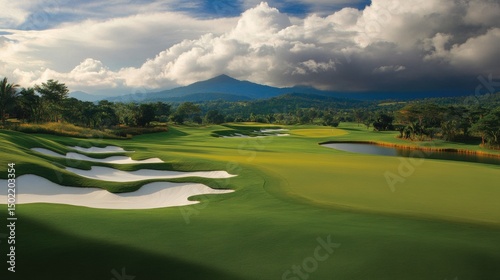 A picturesque golf course with lush green fairways, sand traps, and a scenic mountain backdrop. The sky is filled with dramatic clouds