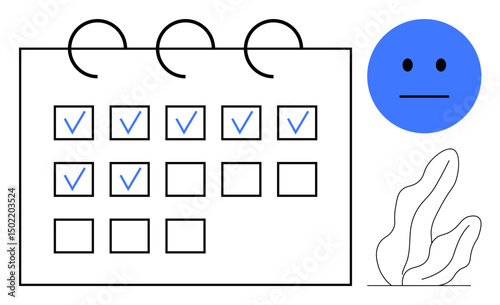 Open calendar with completed checkmarks, neutral face symbol showing mood, and minimal decorative plant. Ideal for task tracking, daily planning, mood tracking, minimalism, productivity tools, mental