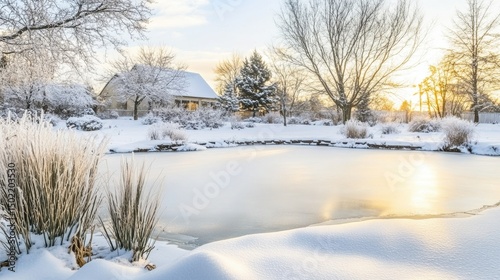 A serene winter landscape, capturing a frozen pond and snow-covered house surrounded by trees, evokes a sense of tranquility