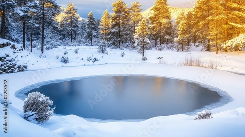 Frozen pond in snowy winter forest at sunrise 