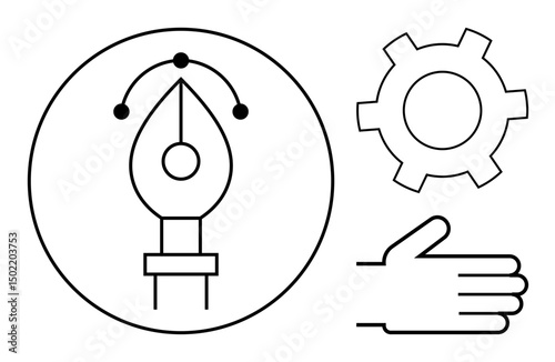 Pen tool with anchor points in a circle, gear symbol, and outlined hand. Ideal for design, creativity, innovation, technology, precision, user interface minimal simple landing page