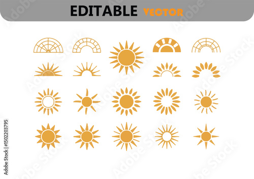 Collection of diverse sun and sunrise icons set for design projects