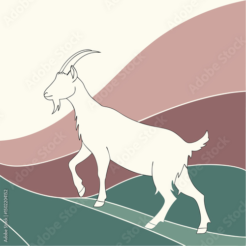 The Resilient Goat: A symbolic, contour line illustration of a lone goat navigating a colorful, stylized terrain, embodying strength and adaptability.
