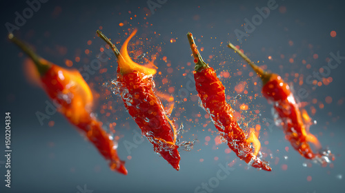 Flying Red Chili Peppers with Fiery Particles in Motion food photography