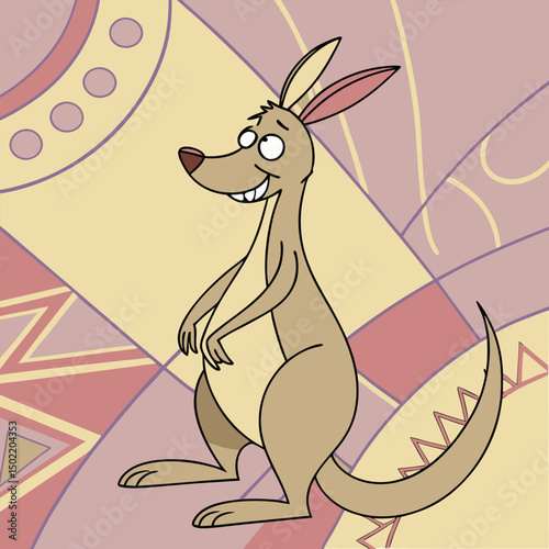 Kangaroo Cartoon Character: A vibrant illustration of a cheerful kangaroo, a symbol of the Australian outback, showcasing its playful nature and distinctive features against a colorful background.