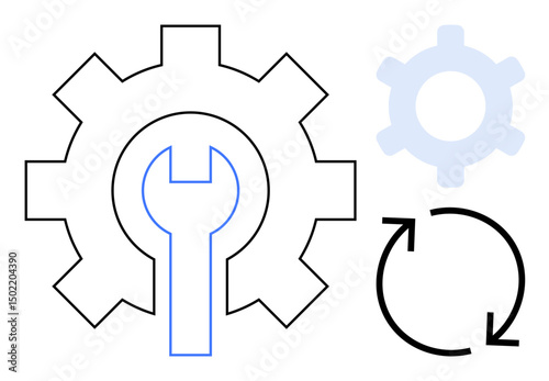 Gear with inset wrench, faded gear, and cycle arrows symbolizing repair, efficiency, process optimization. Ideal for maintenance, repair, engineering, workflow tools productivity flat simple