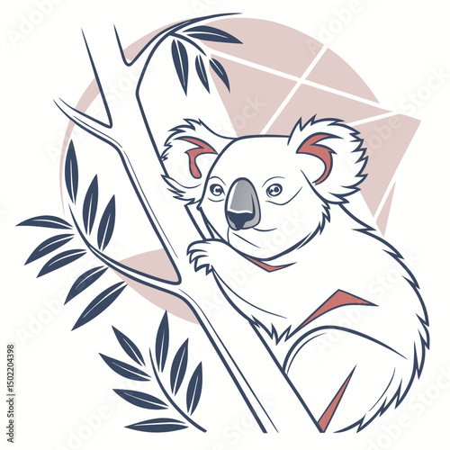 Koala Resting in Tree: A detailed illustrated design of a koala peacefully resting in a tree. Featuring delicate branch detail, and the koala's inquisitive gaze