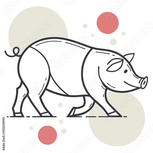 Playful Pig Illustration: A delightful outline of a pig, showcasing its cute features with a whimsical touch, complemented by abstract circular designs.
