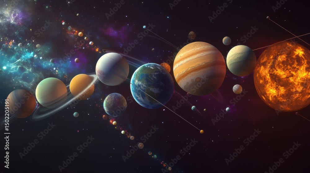 Naklejka premium A vibrant illustration of the solar system, showcasing planets in space 