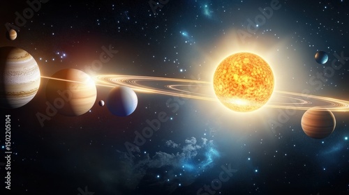 A vibrant depiction of the solar system, featuring the sun and planets arranged against a backdrop of stars