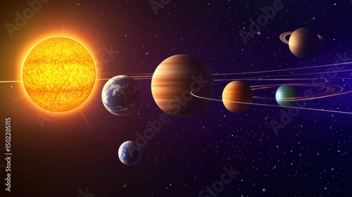 A vibrant and detailed illustration of the solar system, showcasing the sun and planets in their orbits against a star-filled background. The image depicts the solar system.