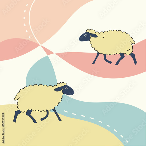 Sheep in abstract pastel world:  Two adorable sheep traverse an abstract landscape in a vibrant, pastel world. This whimsical composition evokes a sense of calm, beauty and childhood imagination. 