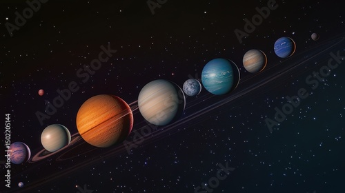 Solar system planets aligned in a row, showcasing their unique colors and sizes against a backdrop of stars