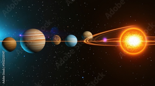 Solar system planets aligned in a row with the sun in the background. The planets are shown in their relative sizes and distances from the sun. The background is a dark space with stars