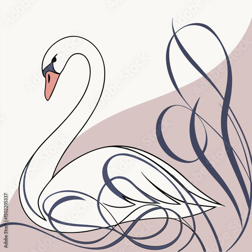 Elegant Swan Illustration: A graceful swan glides on serene water, its pristine white feathers contrasting beautifully with the soft pastel background and elegant artistic lines.