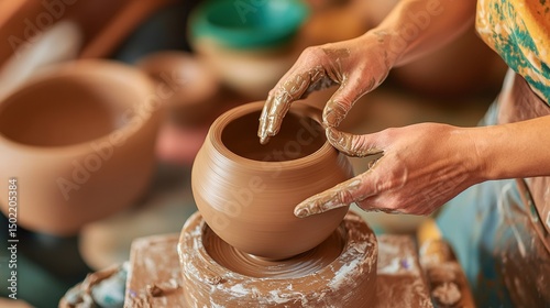 The hands of a person shaping a clay pot on a potter's wheel, showcasing the art of pottery. The scene captures the essence of craftsmanship and creativity in action