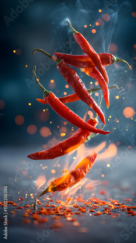 Flying Red Chili Peppers with Fiery Particles in Motion food photography