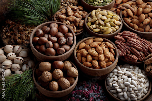 Assortment of nuts and seeds displayed in wooden bowls