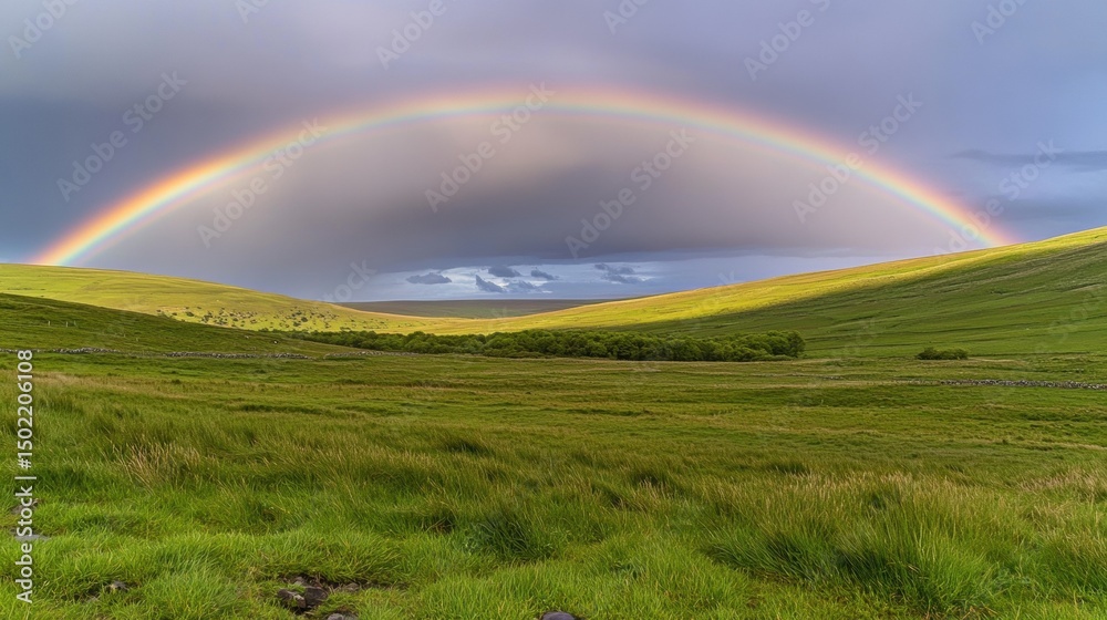 Naklejka premium A vibrant rainbow arches gracefully over a serene green landscape, with soft clouds adding depth to the sky